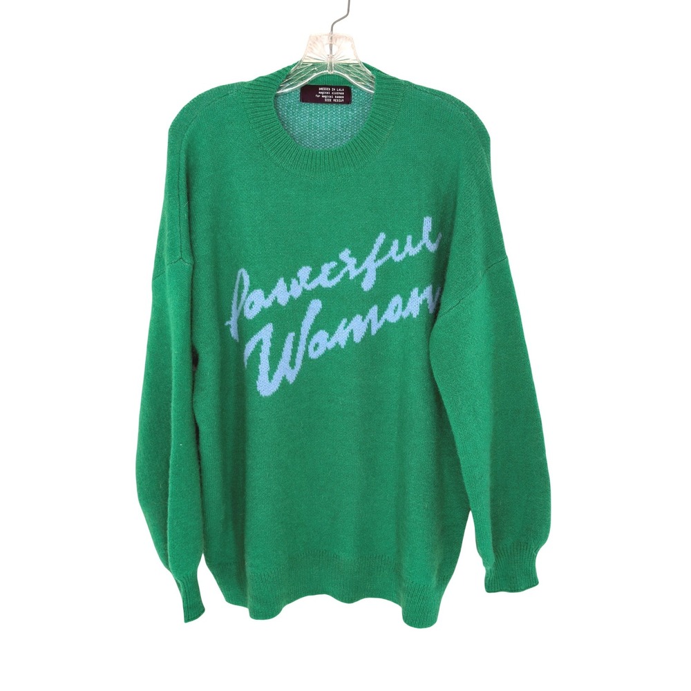 Dressed in Lala Powerful Woman Green Oversized Graphic Sweater Lightning Bolt